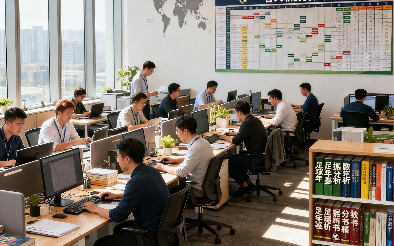 澳客网北京总部办公室内，三十多位分析师和工程师在开放式办公区协作工作，墙上挂着世界时钟和各大联赛赛程表，书架上摆满了足球年鉴和数据分析书籍，阳光透过落地窗洒进来