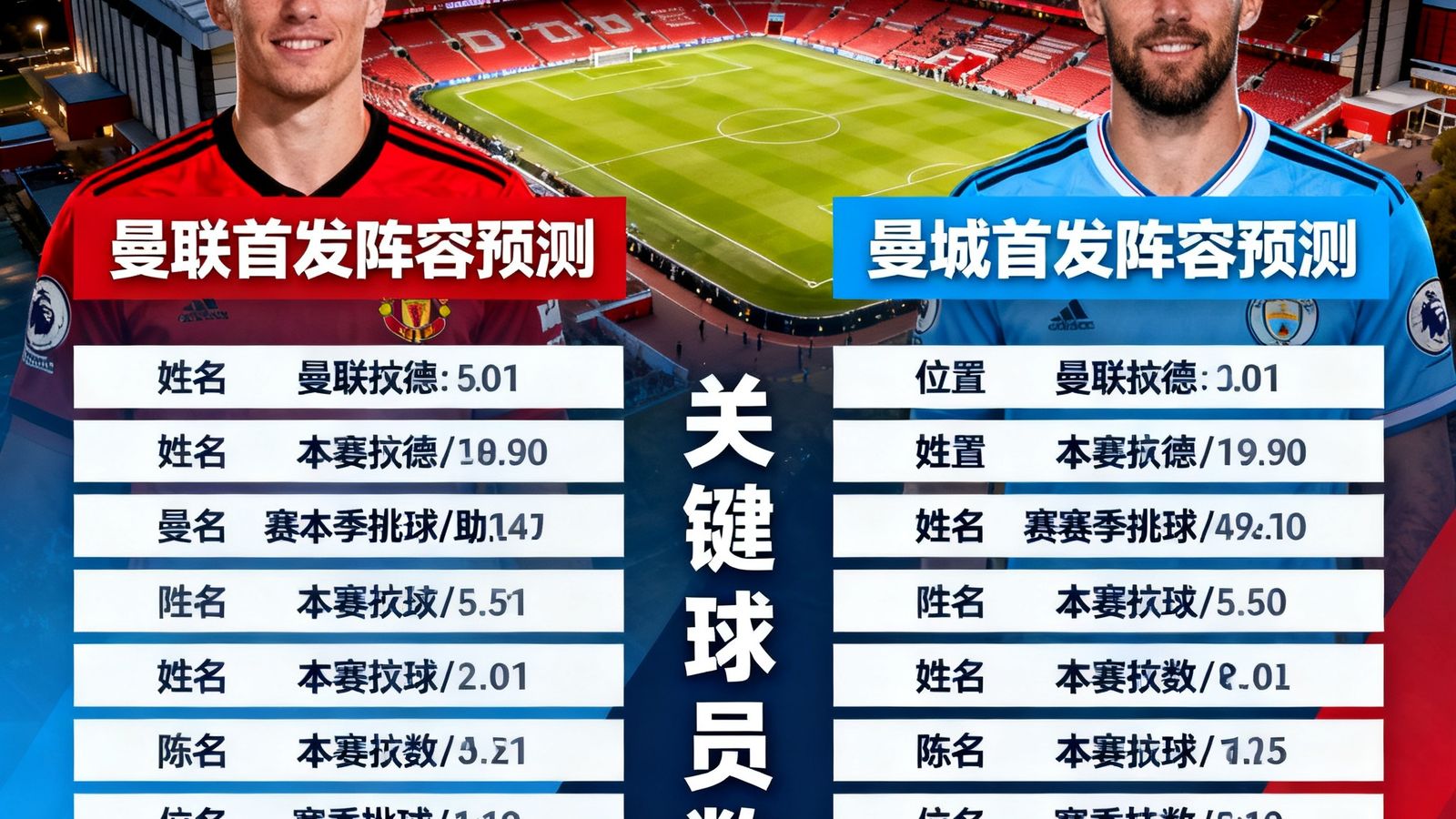 曼彻斯特德比赛前分析图，两队首发阵容预测对比，关键球员数据并排展示，背景是老特拉福德球场的航拍夜景