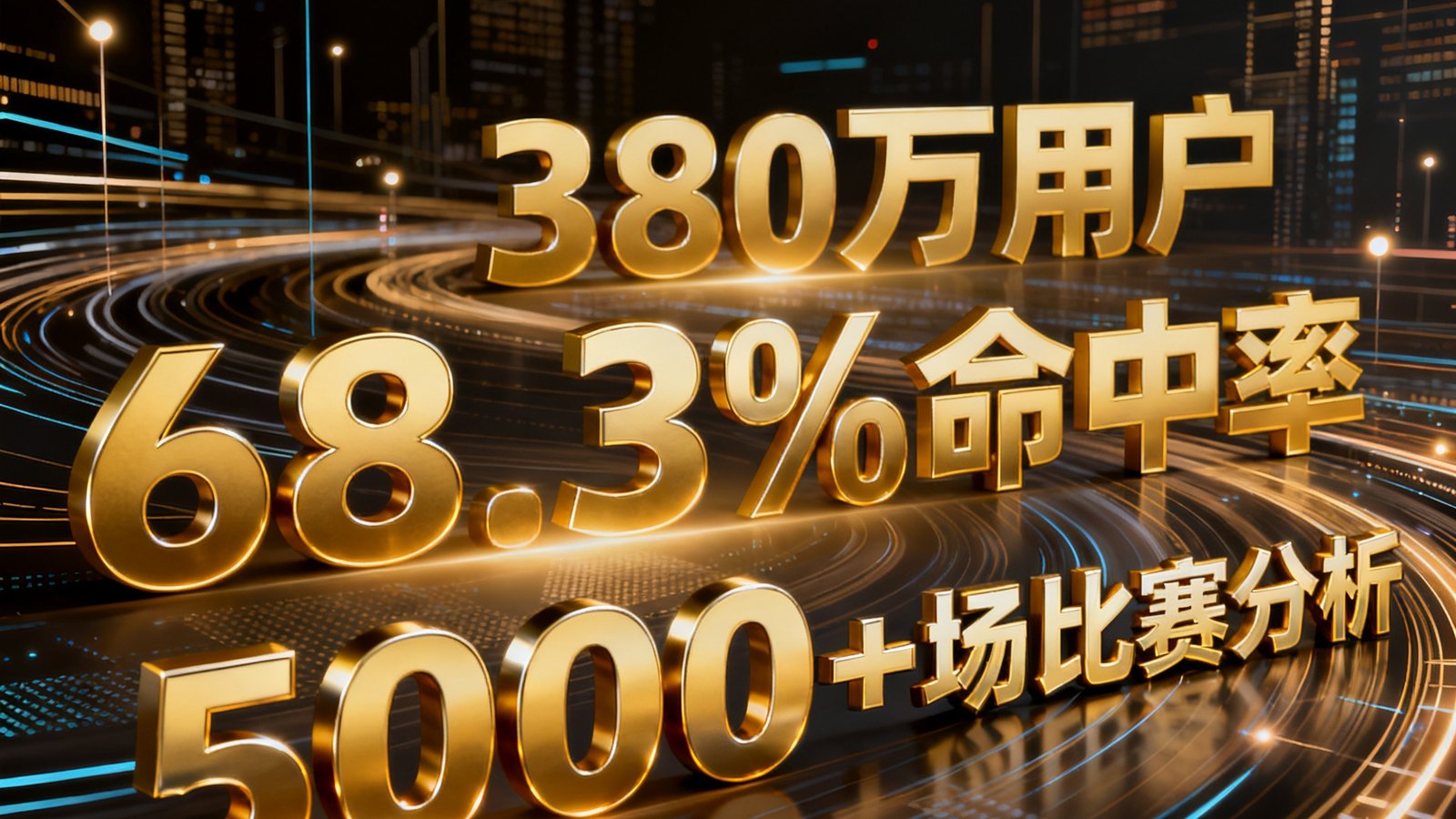 澳客2024年度报告封面设计，金色数字展示关键数据：380万用户、68.3%命中率、5000+场比赛分析，背景是数据流动的抽象可视化图案