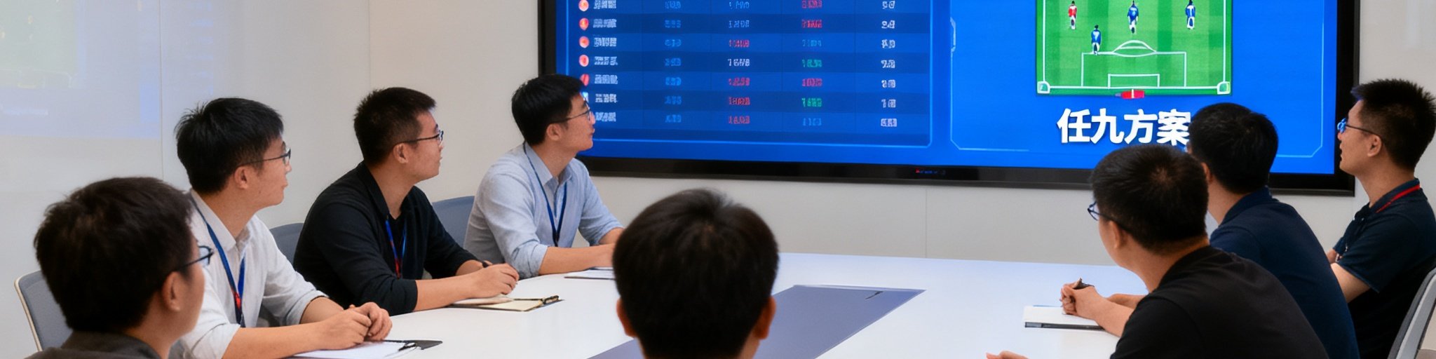 澳客数据分析师团队围坐在现代化会议室内，大屏幕上显示着欧洲五大联赛的实时赔率数据和球队阵型图，分析师们正在热烈讨论任九方案