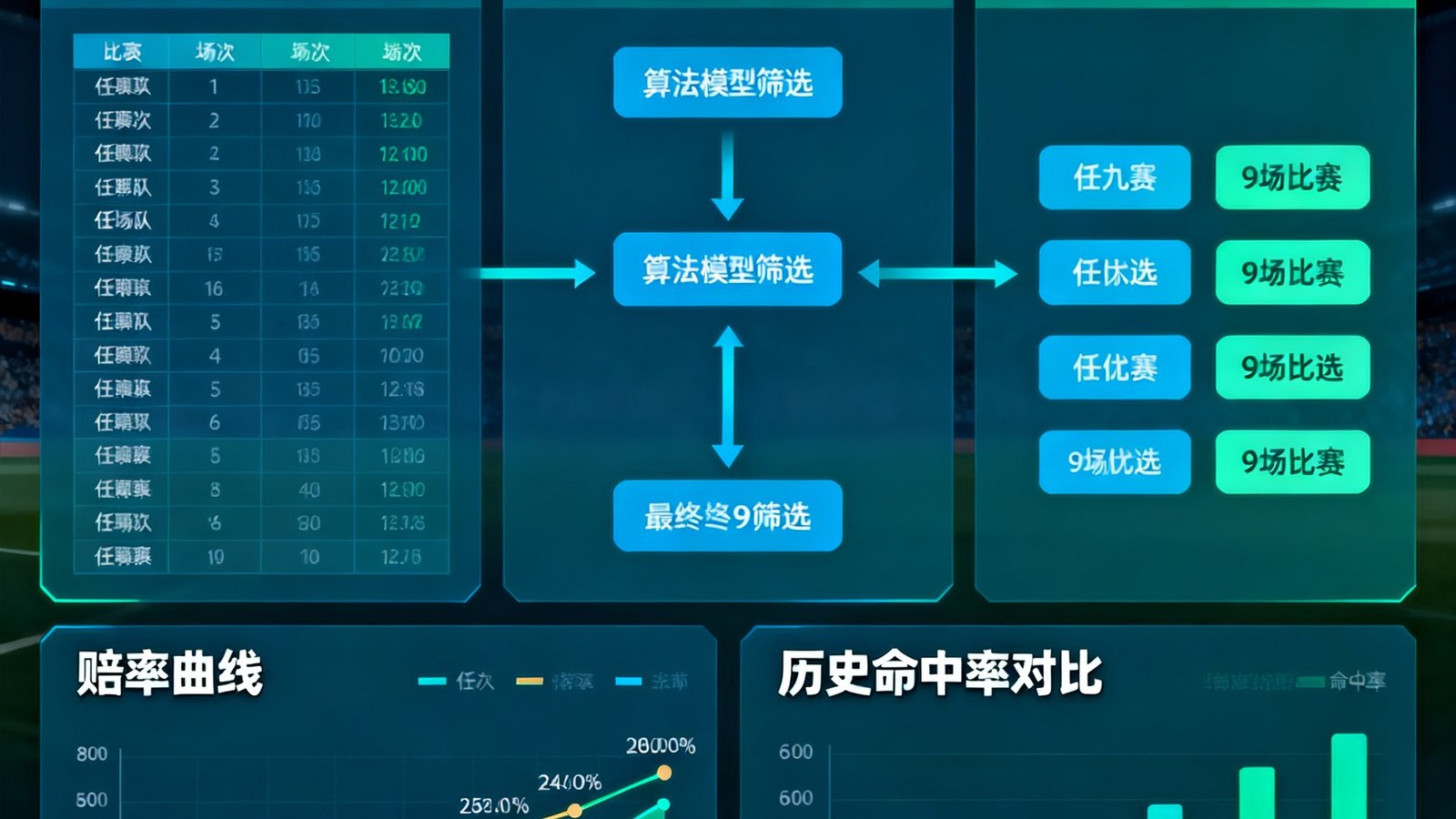 一张数据可视化图表，展示了任九智能筛选系统的工作原理，从14场比赛中通过算法模型自动筛选出最优9场组合，图表中包含赔率曲线和历史命中率对比