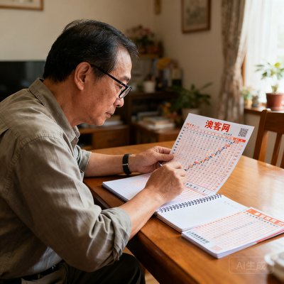 一位四十多岁的中年男性彩民，戴眼镜，穿着休闲衬衫，坐在家中书桌前认真研究澳客网的分析报告，桌上放着笔记本和彩票