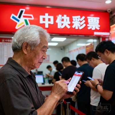 一位五十多岁的退休男性，头发花白但精神矍铄，在体彩投注站内拿着手机对比澳客推荐方案，背景是投注站的红色招牌和排队的人群