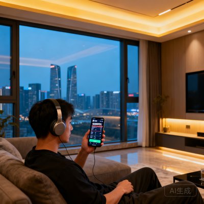一位二十多岁的年轻男性，戴着耳机，在手机上使用澳客App查看实时赔率变化，背景是成都的现代化公寓，窗外可见城市天际线